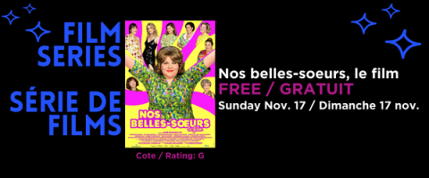 Colouful movie poster with people in bright outfits and event details on a black background.