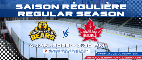 Affiche de match de hockey entre Bears et Nationals, le 4 janvier. Ice rink vide en arrière-plan.