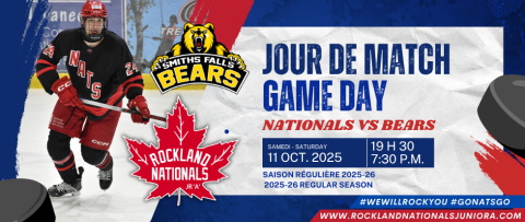 Hockeyeur en rouge sur la glace, logos des équipes Bears et Nationals.