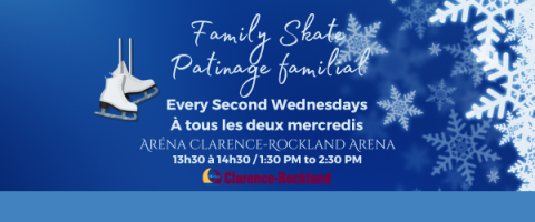 Blue banner with ice skates and snowflakes promoting a family skate event.