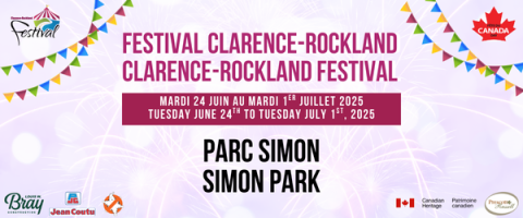 Bannière du Festival Clarence-Rockland avec drapeaux et logos.