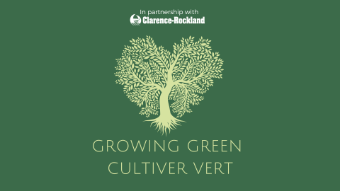Arbre en forme de cœur sur fond vert, texte "Growing Green Cultiver Vert".