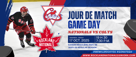 Hockey player in red jersey on ice, game day details alongside.