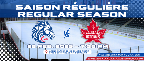 Hockey arena with team logos and game details, blue and red theme.