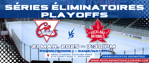 Hockey playoff game announcement with team logos.