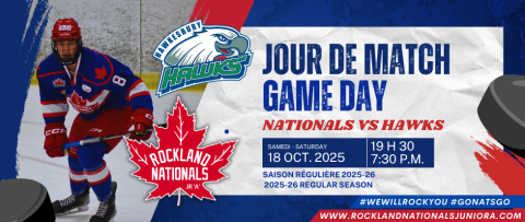 Hockey player in red uniform skating, text announces game day between Nationals and Hawks.