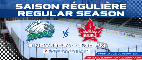 Hockey rink with team logos and game date information.