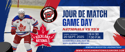 Hockey player in red and white gear on an ice rink, event details beside.