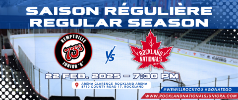 Hockey arena graphic with game details and team logos.