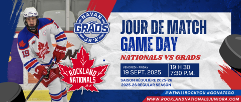 Hockey game banner with player and team logos.