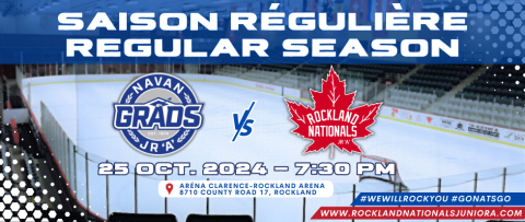 Hockey game advertisement featuring blue and red team logos.