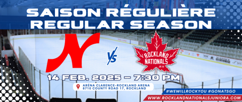 Hockey arena with two team logos, match on Feb 14, 2023, at 7:30 PM.