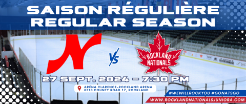 Hockey arena with team logos and game date details.