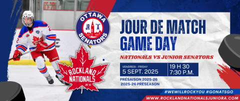 Hockey player on ice, Ottawa Generals logo, game details, blue and red theme.