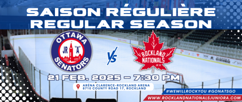 Hockey game announcement with Ottawa and red leaf logos on an ice rink background.