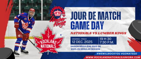 Hockey player in red and blue uniform on ice, match announcement.