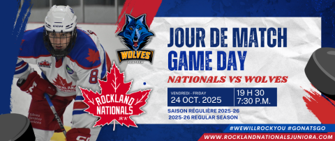 Hockey player in action; game details alongside.