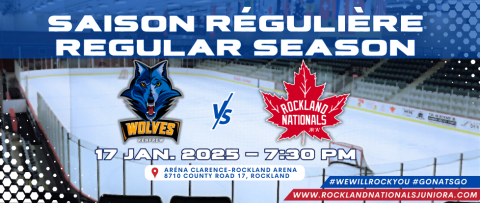 Hockey rink with Wolves vs. Nationals logos for a January game.
