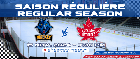 Hockey rink with Wolves vs. Canadians logos, game on November 15, 2024.