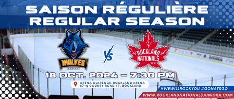 Hockey rink with logos of Wolves and team in red. Regular season announcement.