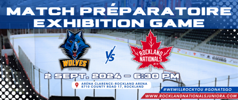 Hockey exhibition game poster with Wolves and Nationals logos on rink background.