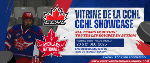 Un joueur de hockey sur glace en uniforme bleu et rouge, logo CCHL.