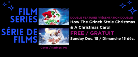 Double feature film night poster: "The Grinch" and "A Christmas Carol."