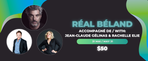 Affiche avec trois portraits et texte coloré sur fond sombre.