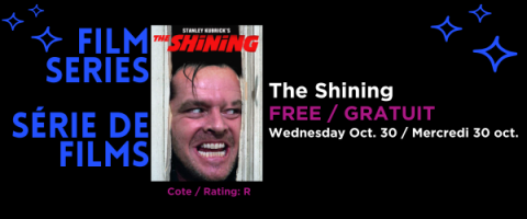 Film poster for "The Shining," showing a man’s face through a door.