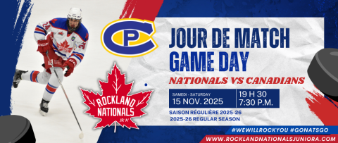 Hockey player in red and white gear next to game announcement text and hockey pucks.