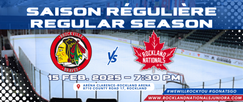 Hockey rink with team logos and match details.