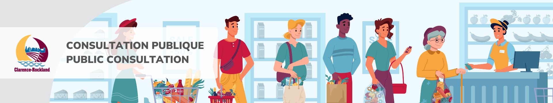 Public Consultation | graphic illustration of people lined up at a grocery counter