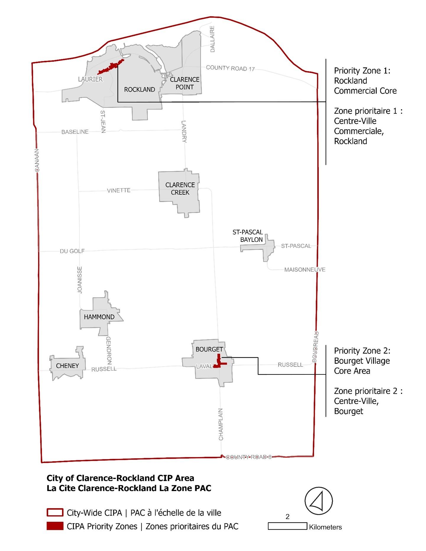 Map of Clarence-Rockland showing the city-wide CIP boundary with highlighted priority zones in Rockland and Bourget village cores.