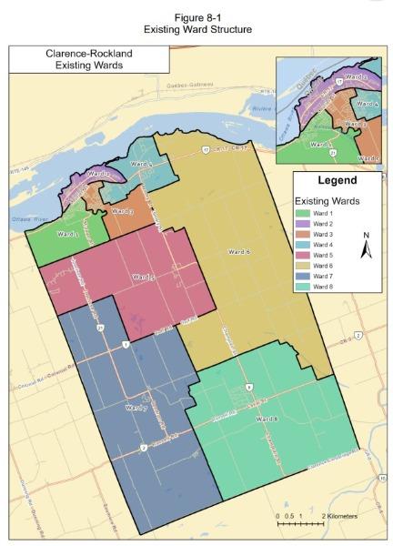 Map of Clarence-Rockland divided into colored zones with a legend.