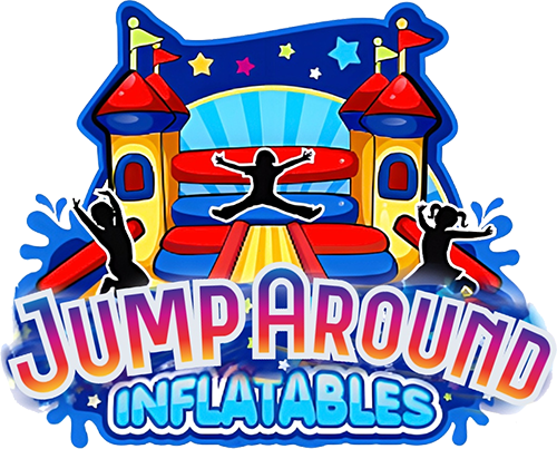 Colorful logo of inflatable bounce houses with jumping figures.