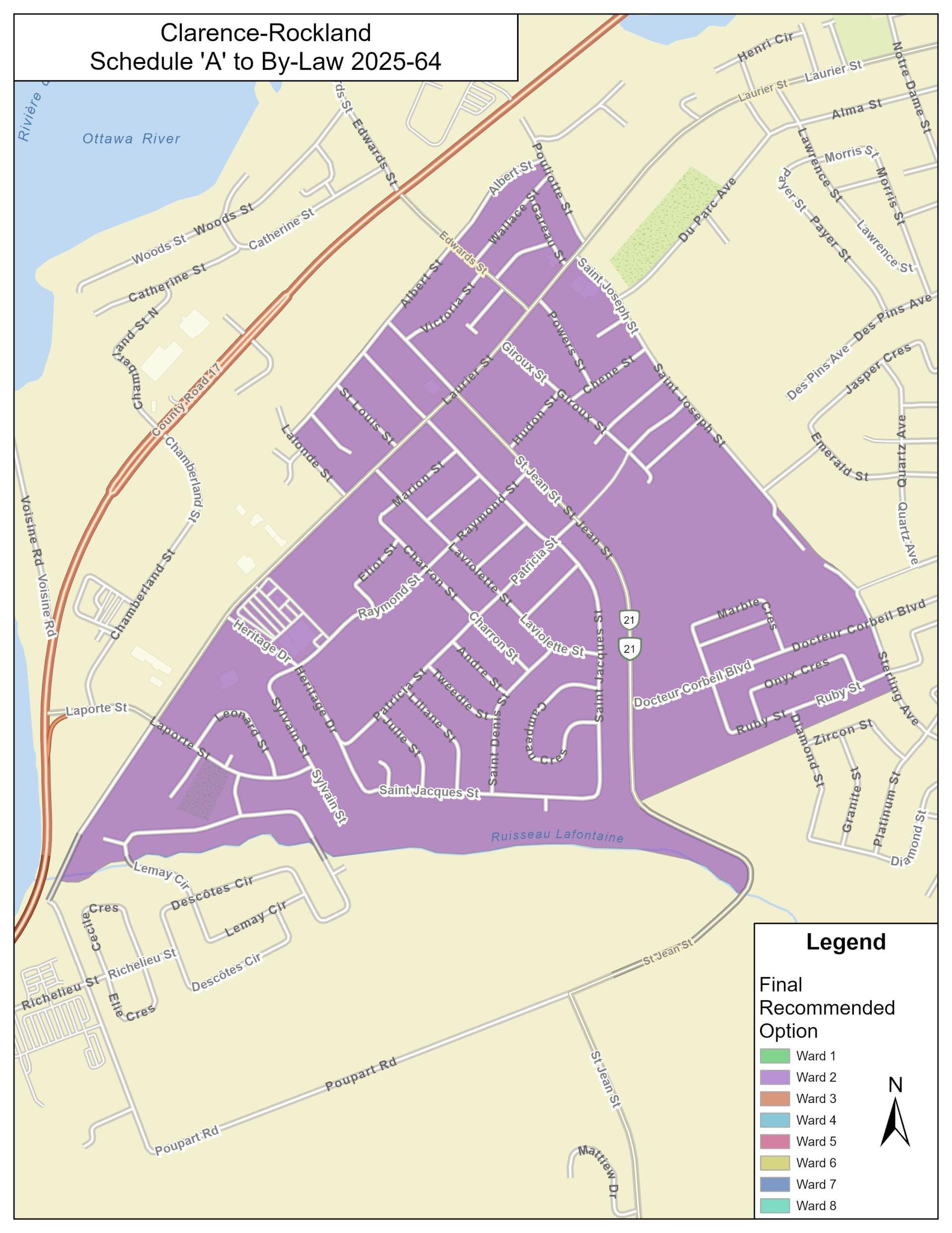 Map highlighting a purple area in Clarence-Rockland with street names.