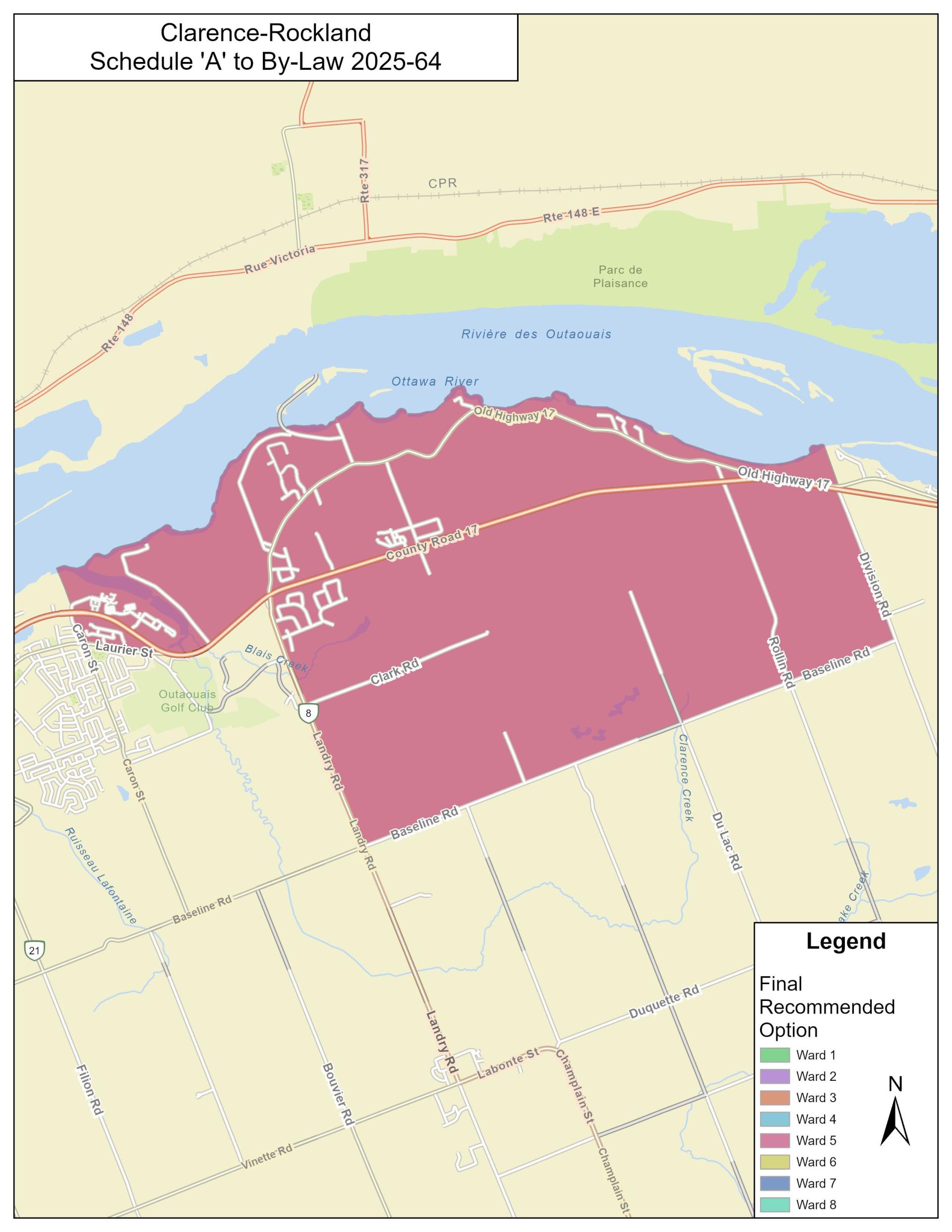 Map highlighting a red area labeled Clarence-Rockland with a legend on the side.