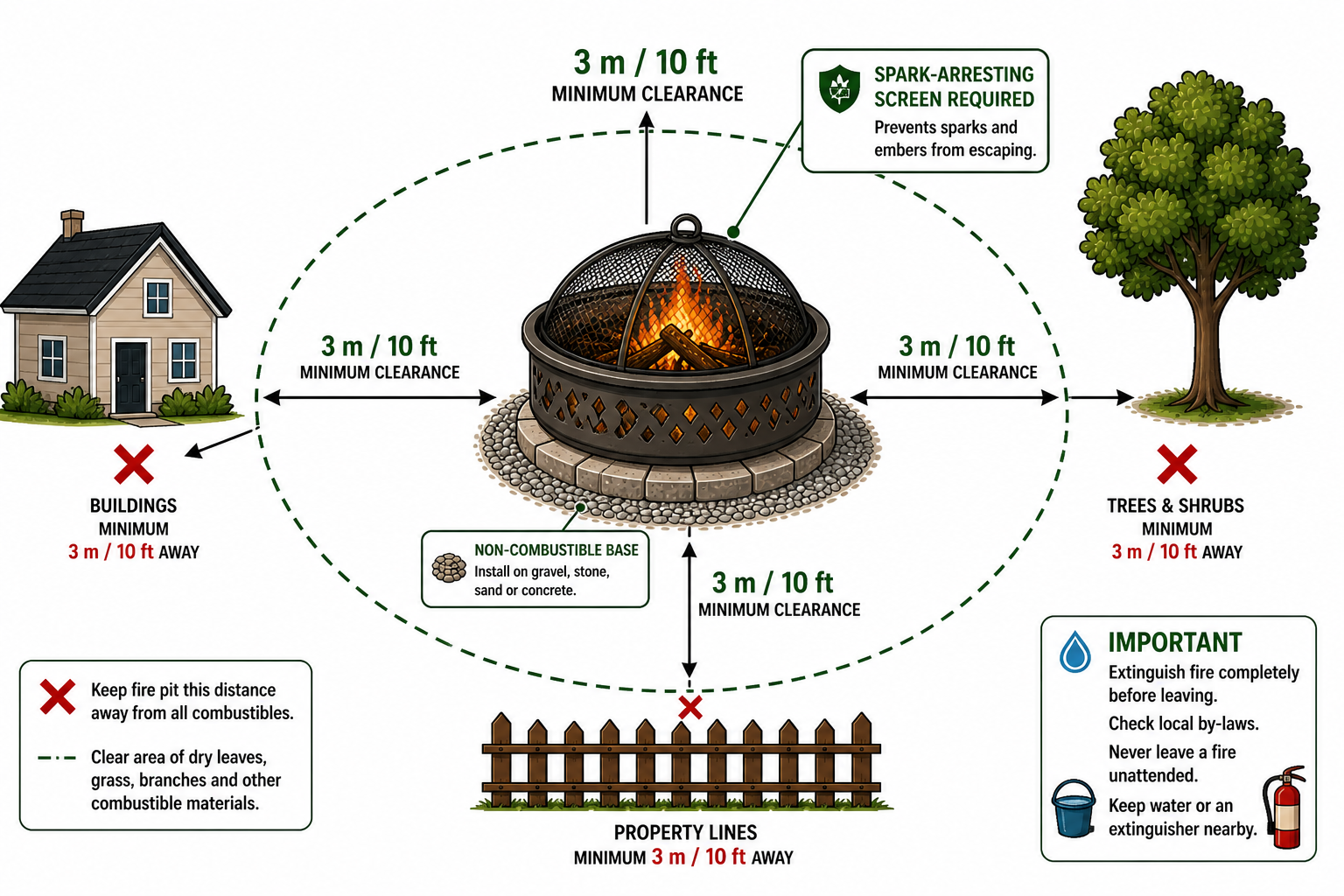 Illustration of a fire pit with spark screen and 3 m (10 ft) clearance from buildings, trees, and property lines.