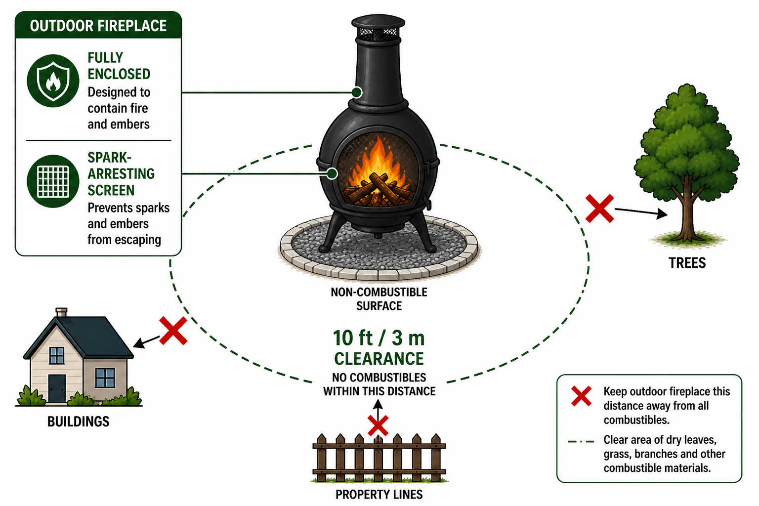 Illustration of an outdoor enclosed fireplace (chiminea) with a visible flame inside and a chimney on top. The unit sits on a non-combustible surface such as stone or gravel. A dashed circular clearance zone surrounds the fireplace. Callouts indicate a fully enclosed design and the presence of a spark-arresting screen. Icons of a house, tree, and fence (property line) appear outside the clearance area with red “X” markers if too close, emphasizing a 10 ft / 3 m safe distance from combustibles.